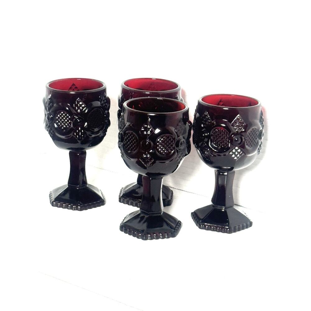 Vintage Avon 1876 Cape Cod Ruby Red Glass Gothic Wine Goblets 4 1/2” Set of 4